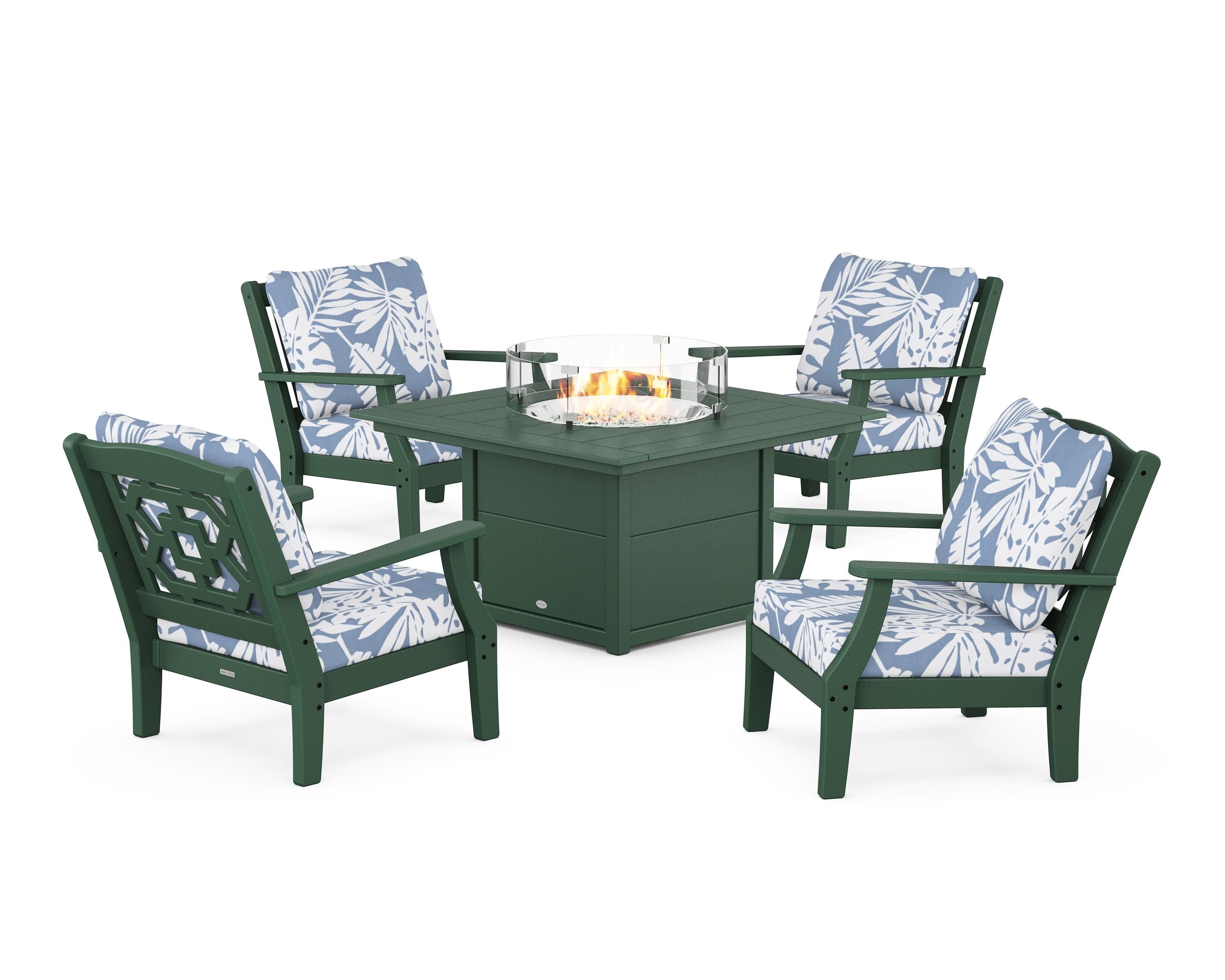 Martha Stewart by POLYWOOD® Chinoiserie 5-Piece Deep Seating Set with Fire Pit Table in Green / Leaf Sky Blue
