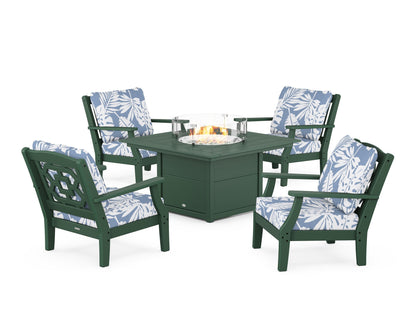 Martha Stewart by POLYWOOD® Chinoiserie 5-Piece Deep Seating Set with Fire Pit Table in Green / Leaf Sky Blue