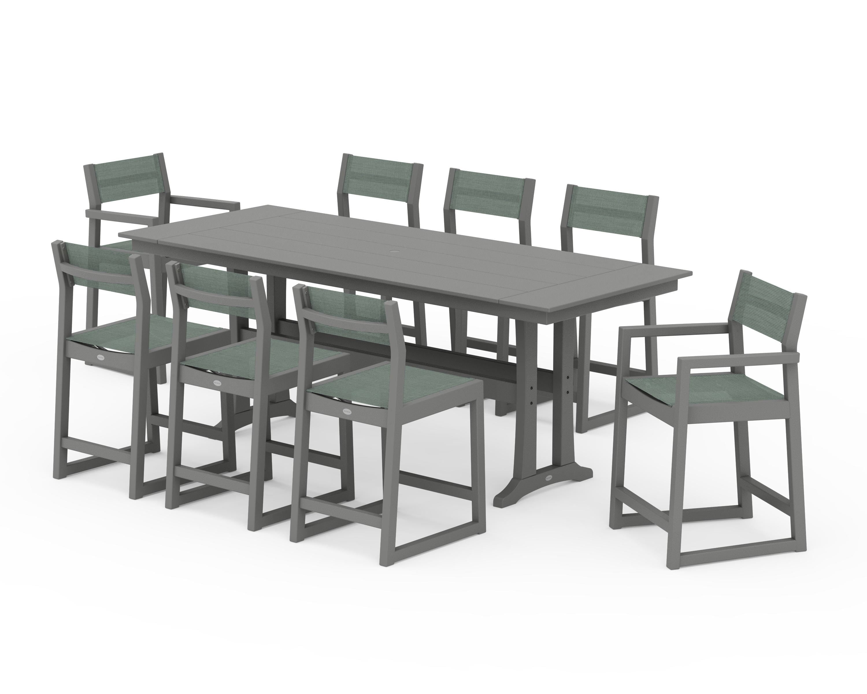 POLYWOOD® EDGE Sling 9-Piece Farmhouse Counter Set with Trestle Legs in Slate Grey / Dupioni Sea Mist Sling