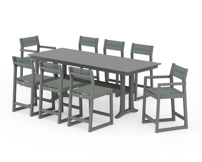 POLYWOOD® EDGE Sling 9-Piece Farmhouse Counter Set with Trestle Legs in Slate Grey / Dupioni Sea Mist Sling