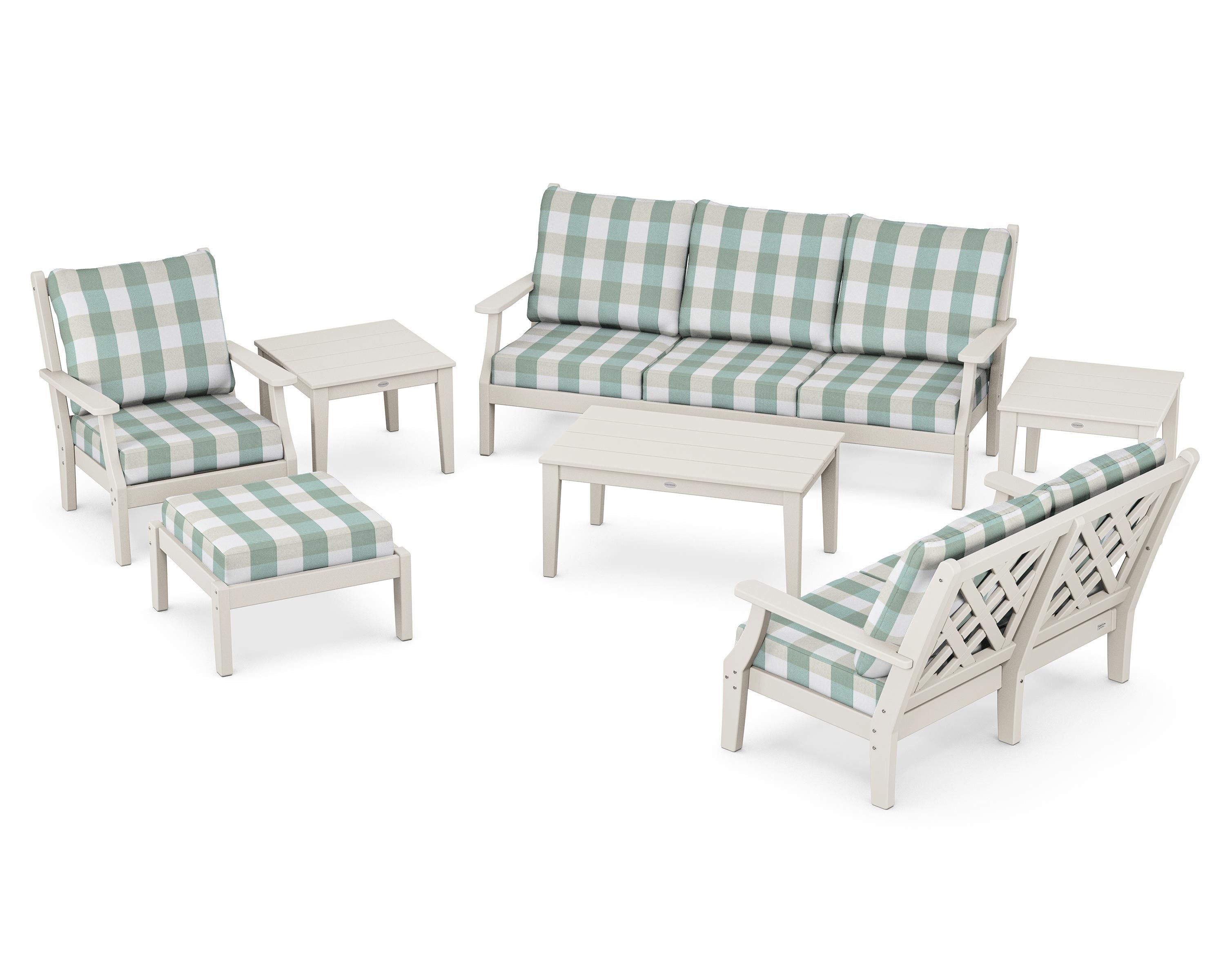 Country Living Wovendale 7-Piece Deep Seating Set in Sand / Buffalo Plaid Glacier Spa