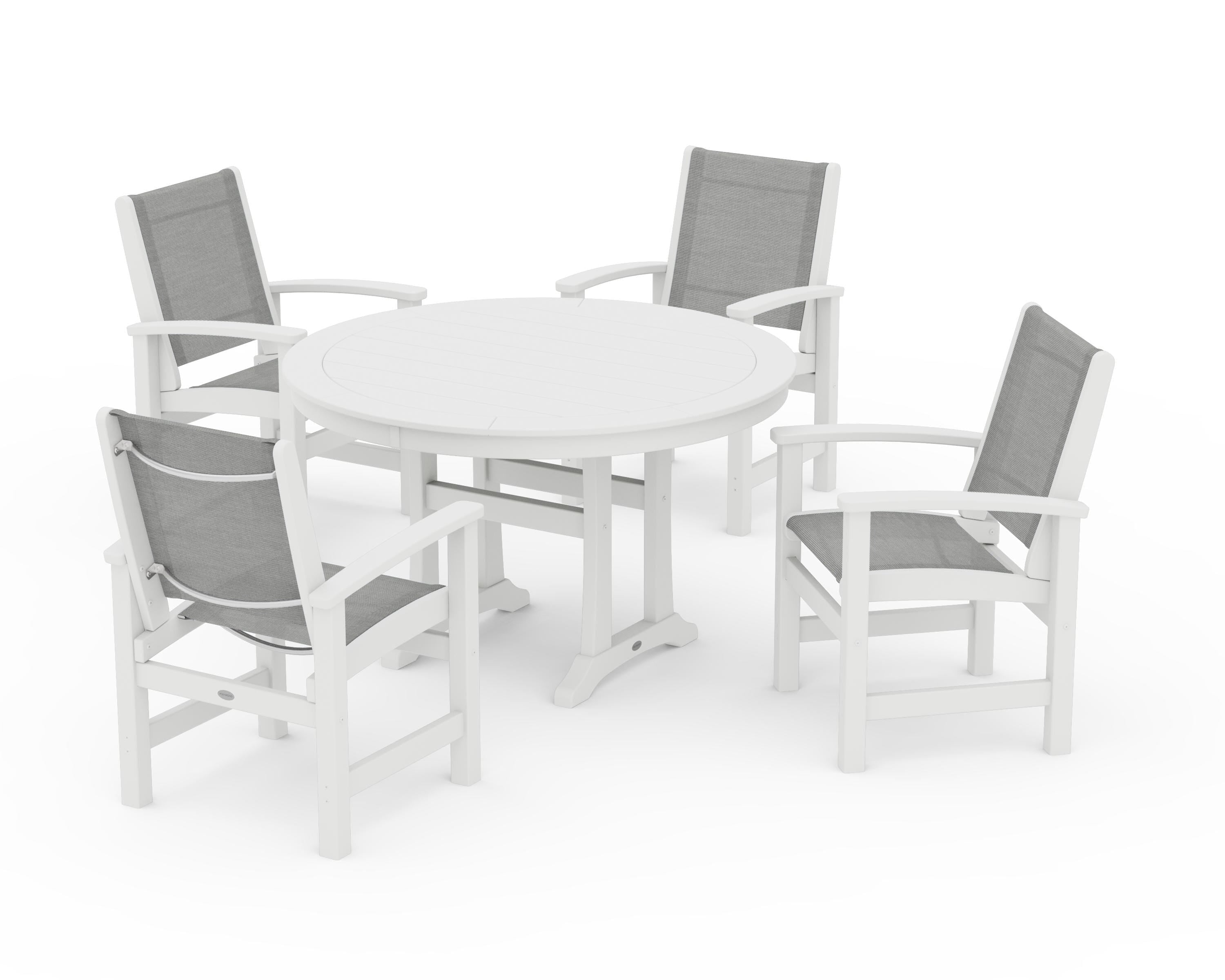 POLYWOOD® Coastal 5-Piece Round Dining Set with Trestle Legs in White / Metallic Sling