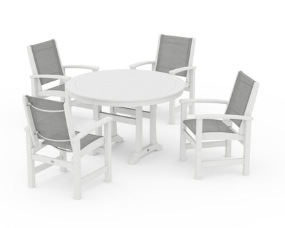 POLYWOOD® Coastal 5-Piece Round Dining Set with Trestle Legs in White / Metallic Sling