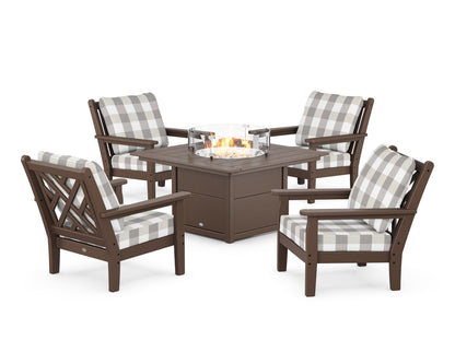 POLYWOOD® Chippendale 5-Piece Deep Seating Set with Fire Pit Table in Mahogany / Buffalo Plaid Grey Mist