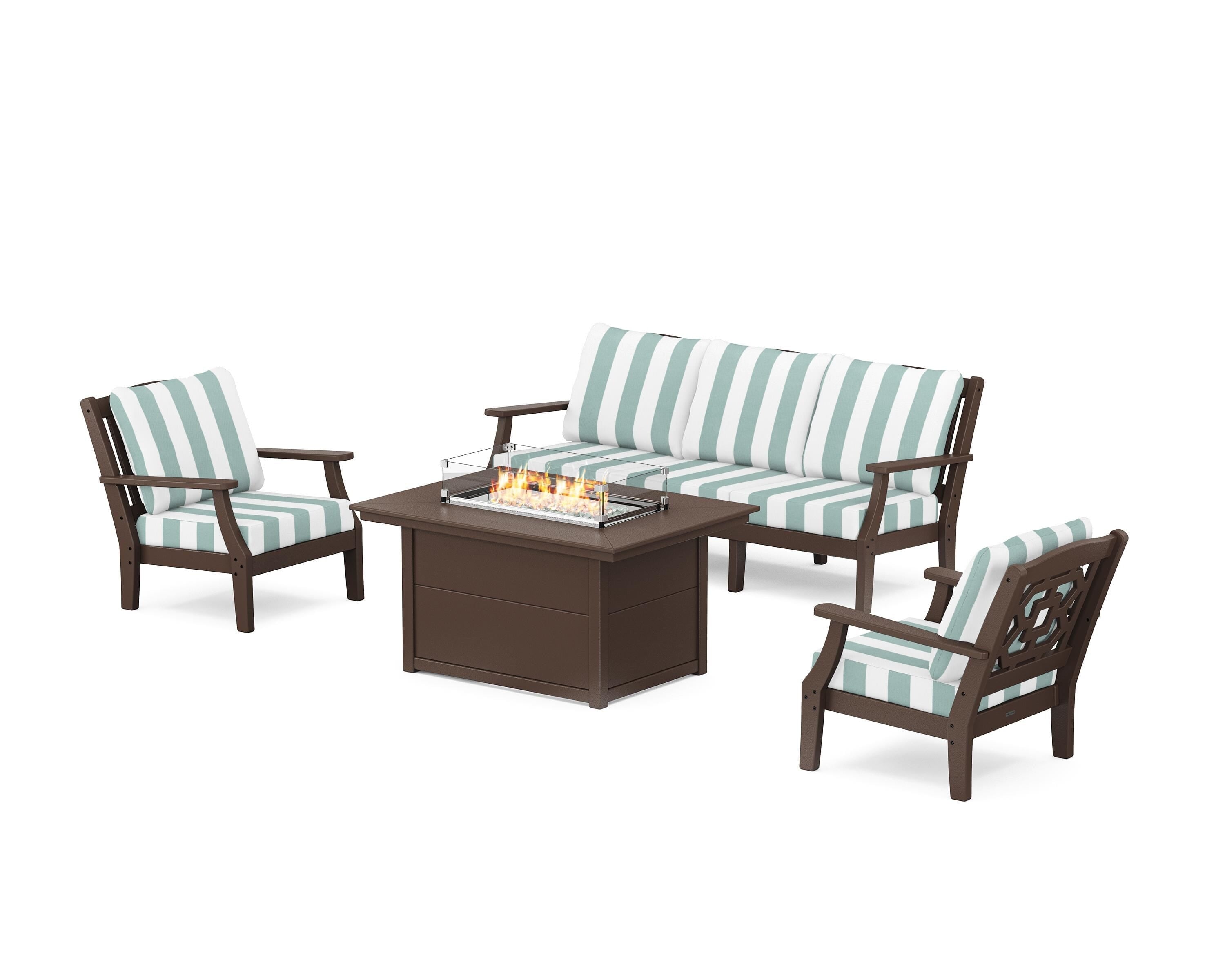 Martha Stewart by POLYWOOD® Chinoiserie Deep Seating Fire Pit Table Set in Mahogany / Cabana Stripe Glacier Spa