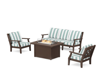 Martha Stewart by POLYWOOD® Chinoiserie Deep Seating Fire Pit Table Set in Mahogany / Cabana Stripe Glacier Spa