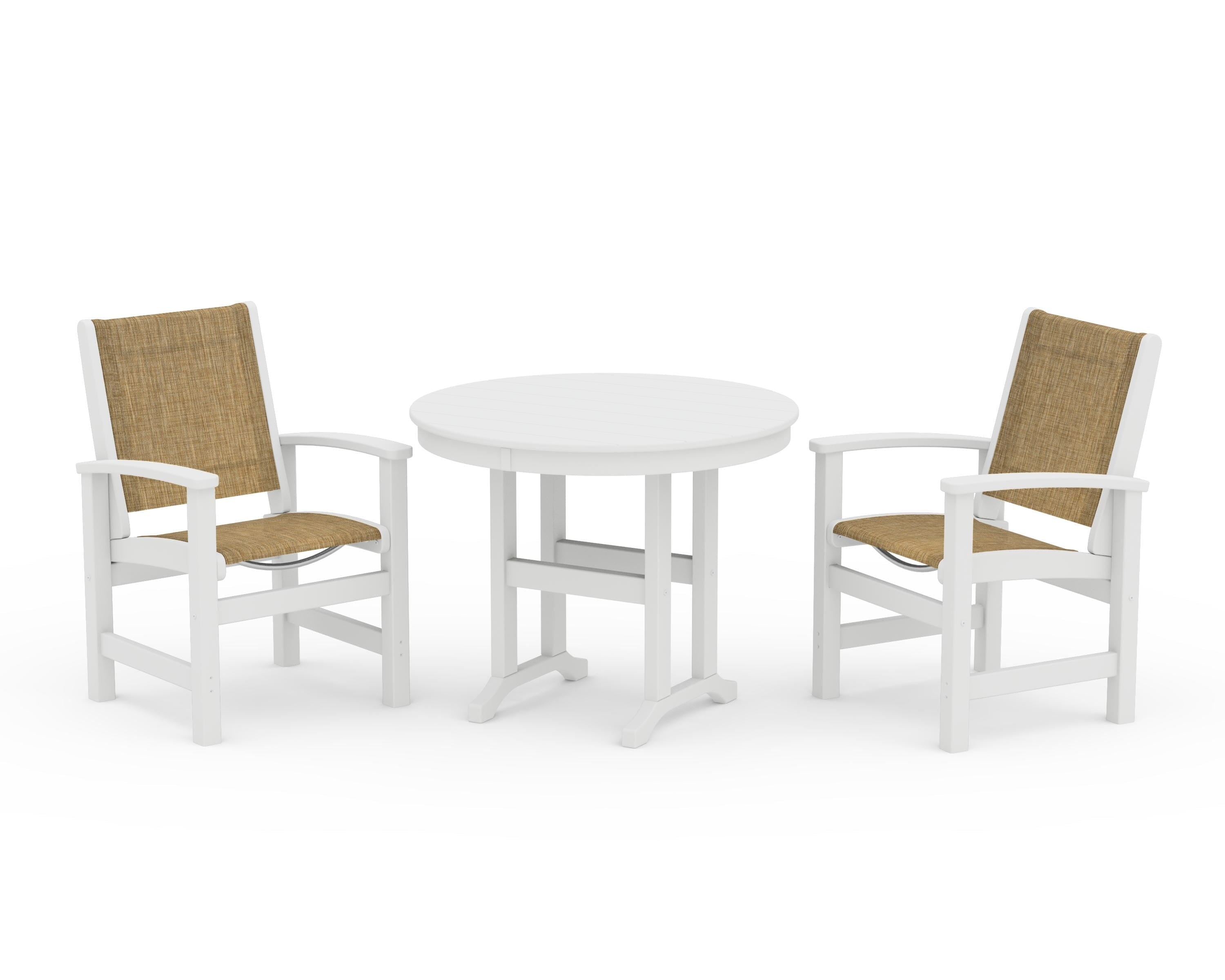 POLYWOOD® Coastal 3-Piece Round Dining Set in White / Burlap Sling