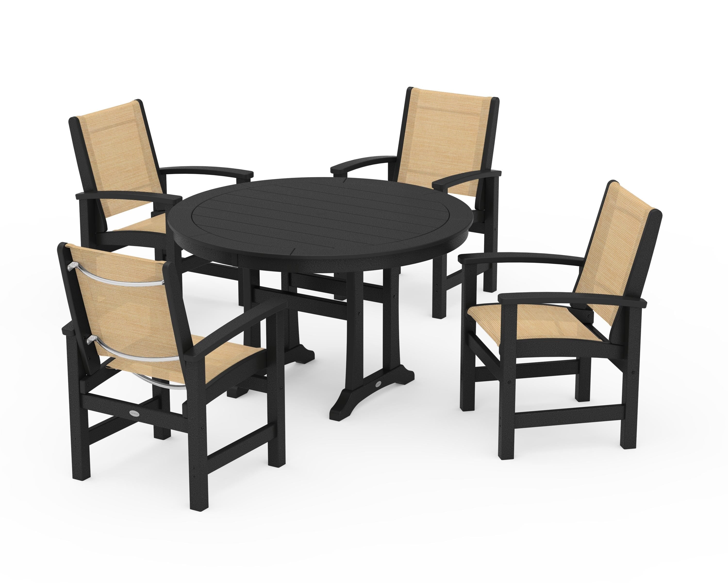 POLYWOOD® Coastal 5-Piece Round Dining Set with Trestle Legs in Black / Dupioni Apricot Sling