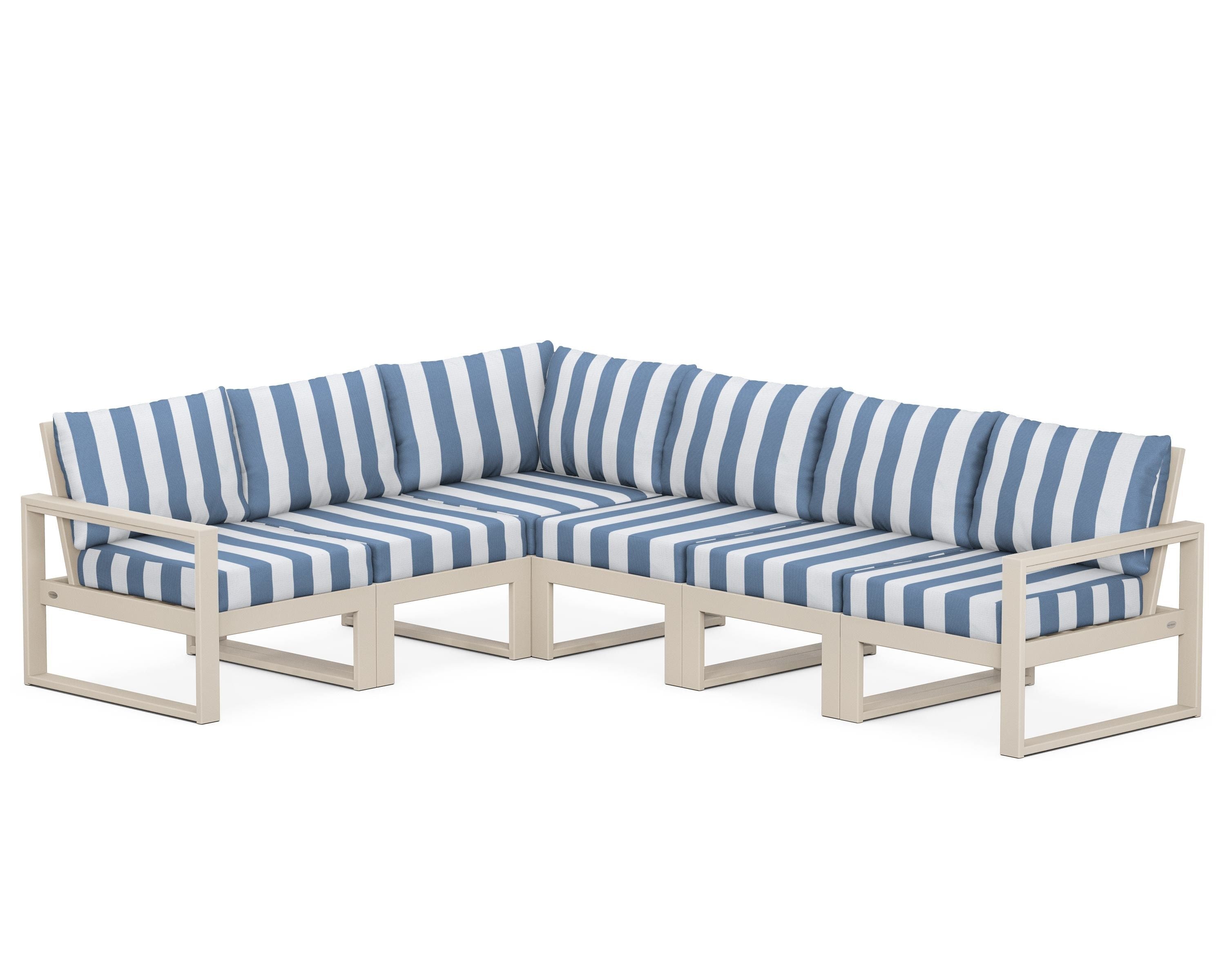 POLYWOOD® EDGE 6-Piece Modular Deep Seating Set in Sand / Cabana Stripe Sky Blue