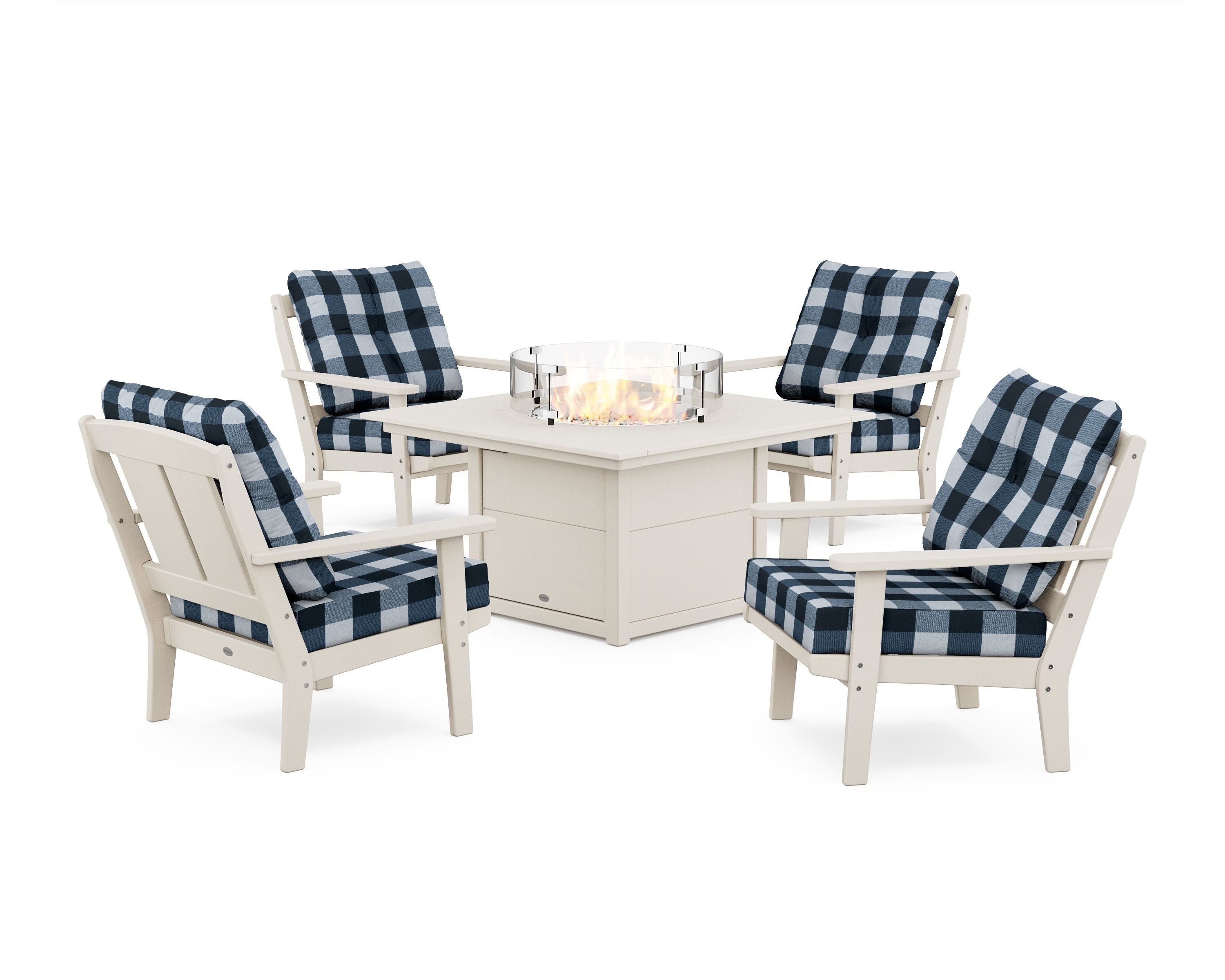 POLYWOOD® Mission 5-Piece Deep Seating Set with Fire Pit Table in Sand / Buffalo Plaid Marine Indigo