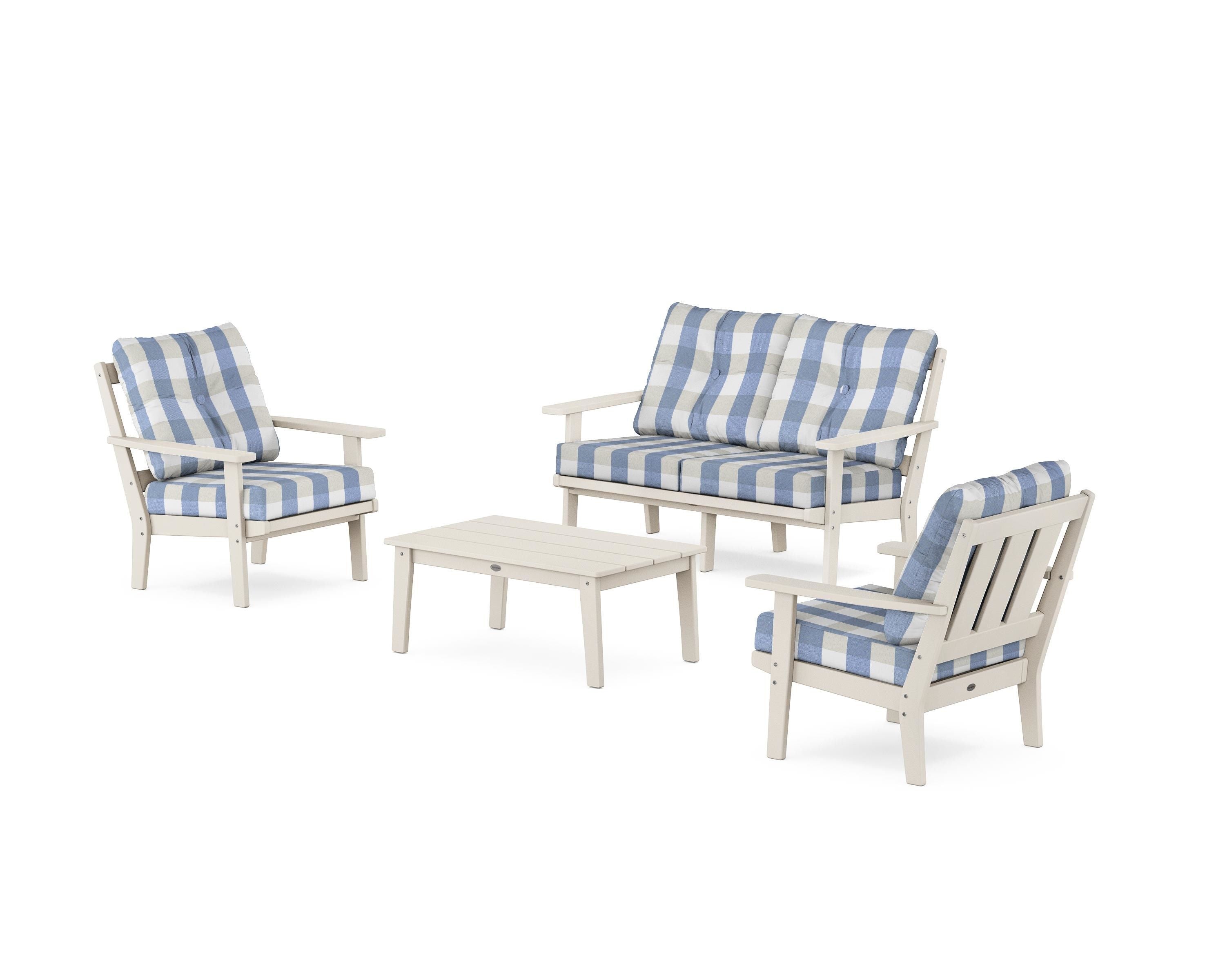 POLYWOOD® Oxford 4-Piece Deep Seating Set with Loveseat in Sand / Buffalo Plaid Sky Blue