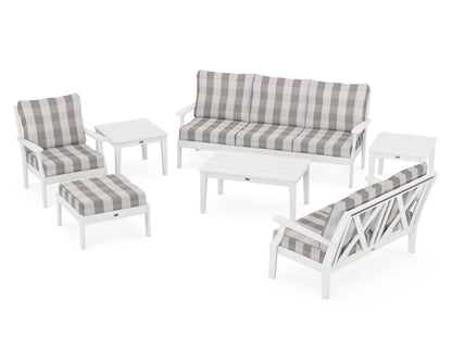 POLYWOOD® Braxton 7-Piece Deep Seating Set in White / Buffalo Plaid Grey Mist