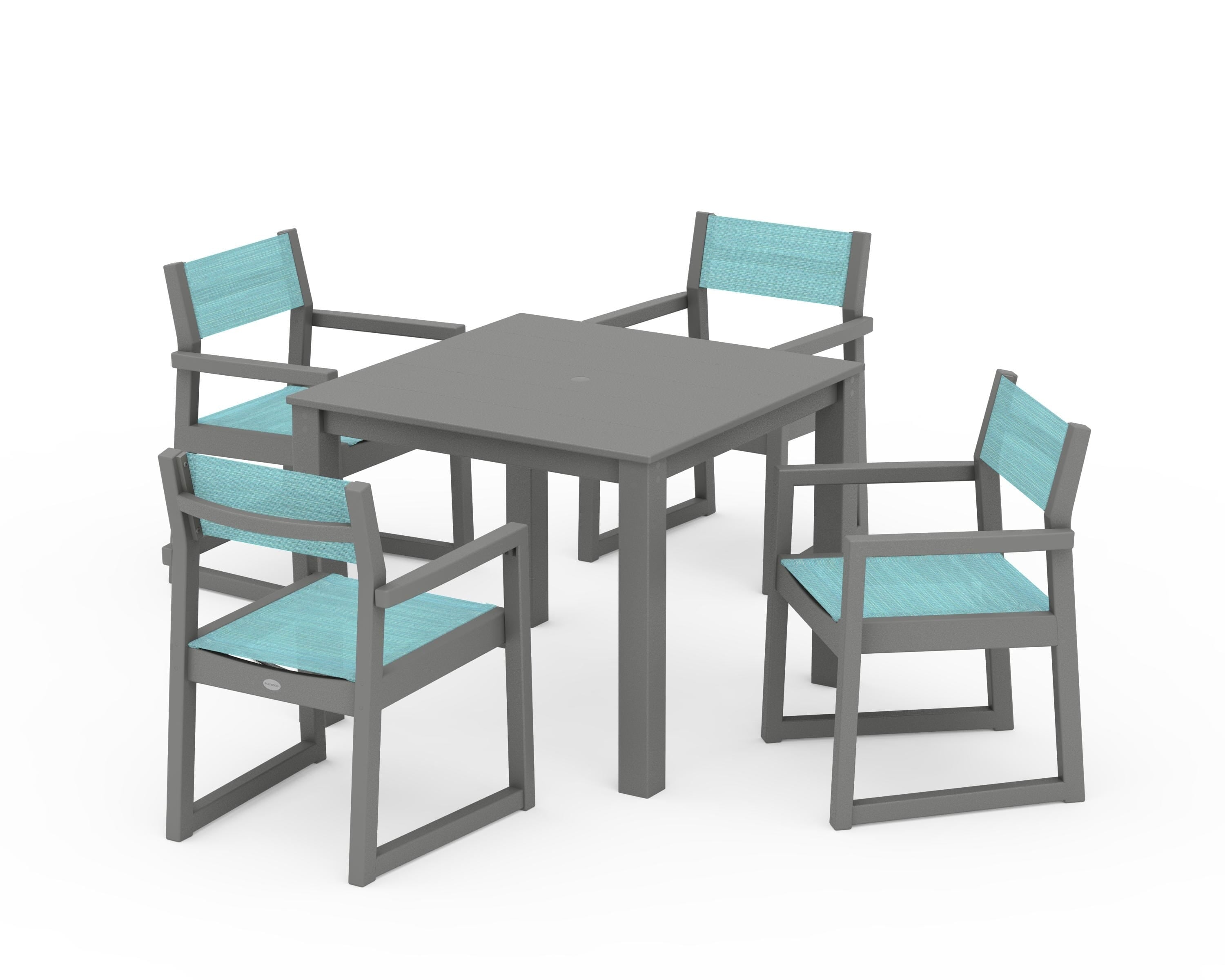 POLYWOOD® EDGE Sling Arm Chair 5-Piece Parsons Dining Set in Slate Grey / Dupioni Aquamarine Sling