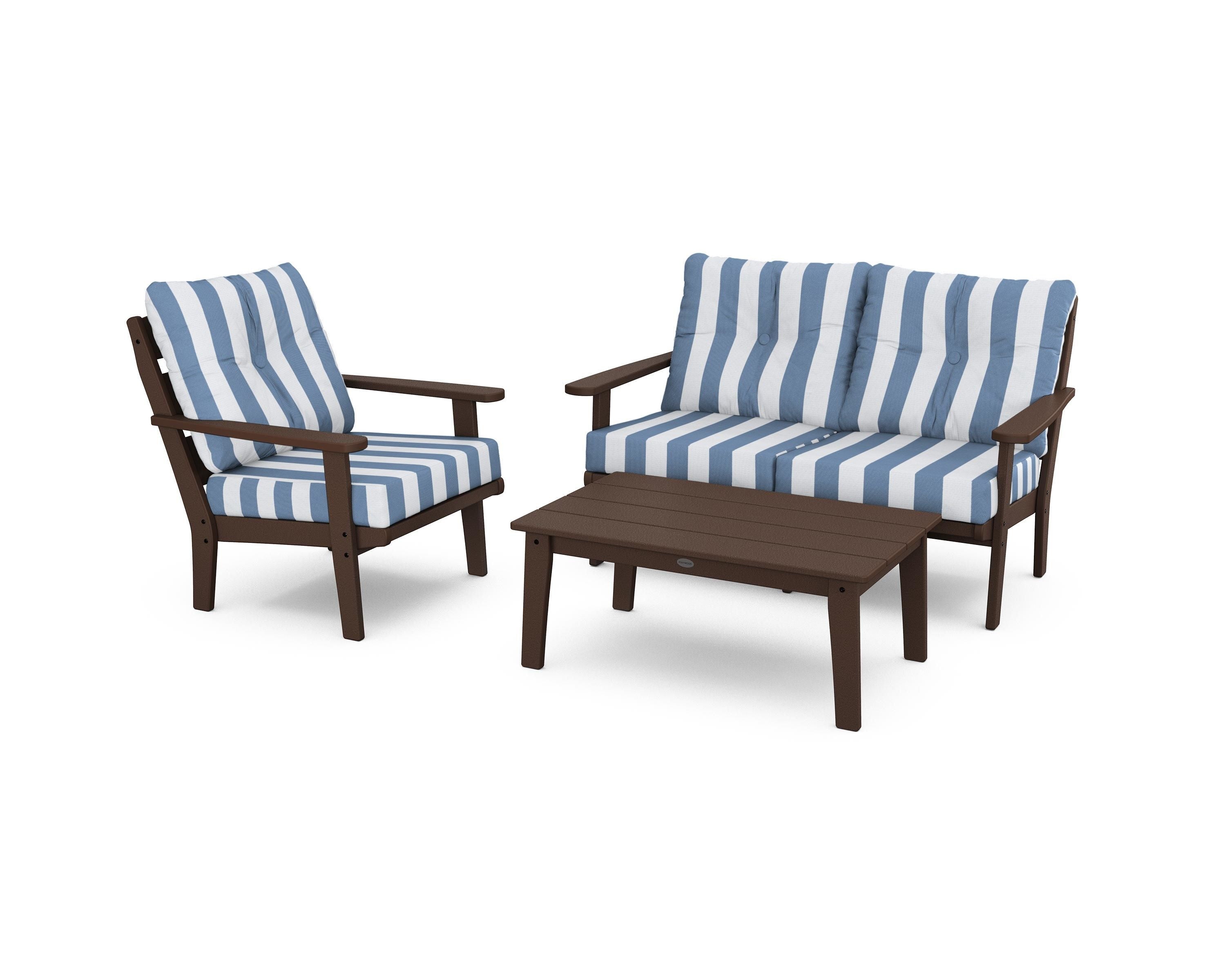 POLYWOOD® Lakeside 3-Piece Deep Seating Set in Mahogany / Cabana Stripe Sky Blue