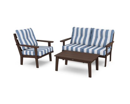POLYWOOD® Lakeside 3-Piece Deep Seating Set in Mahogany / Cabana Stripe Sky Blue