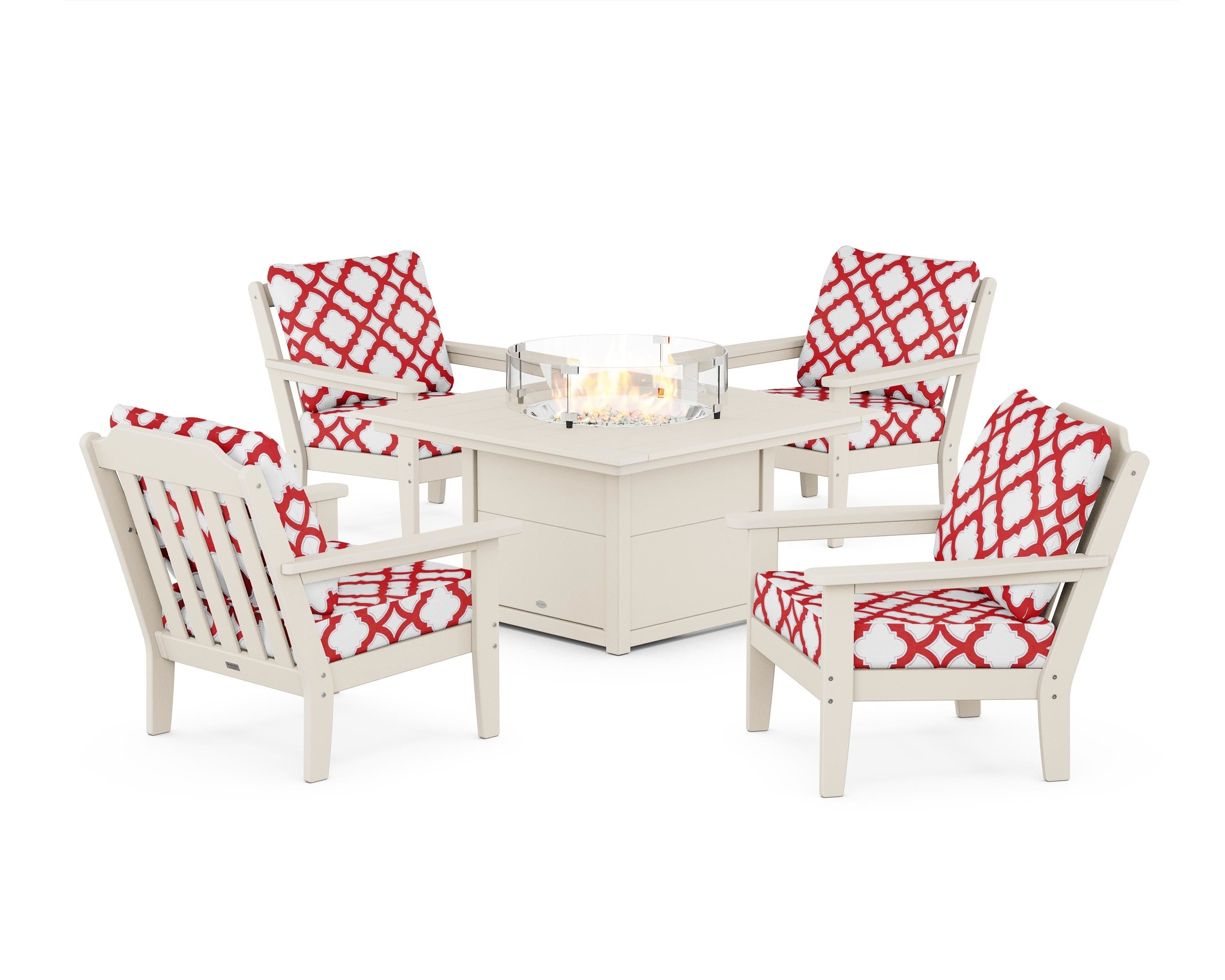 Country Living Cottage 5-Piece Deep Seating Set with Fire Pit Table in Sand / Trellis Crimson