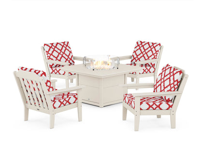Country Living Cottage 5-Piece Deep Seating Set with Fire Pit Table in Sand / Trellis Crimson