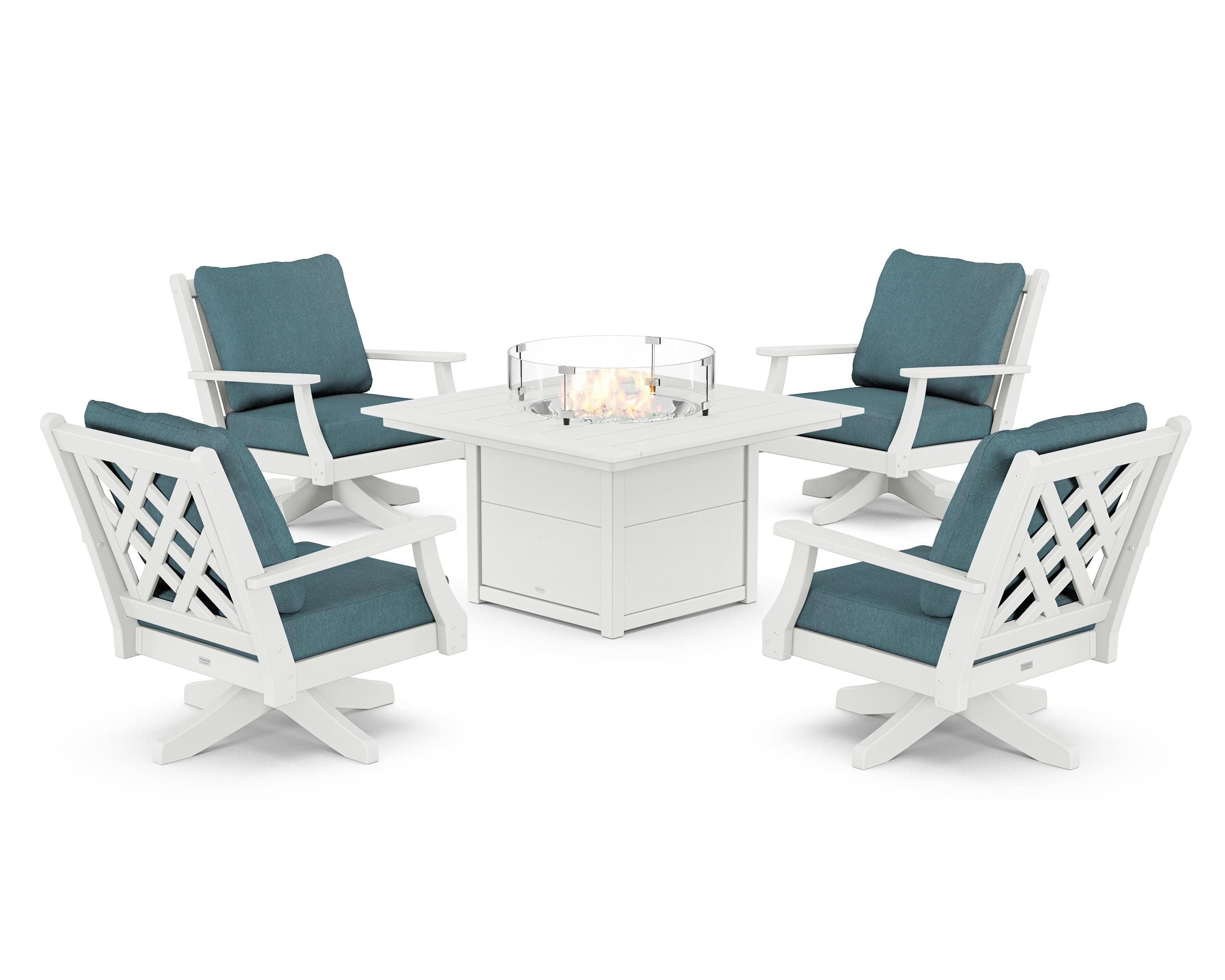 Country Living Wovendale 5-Piece Deep Seating Swivel Conversation Set with Fire Pit Table in White / Ocean Teal
