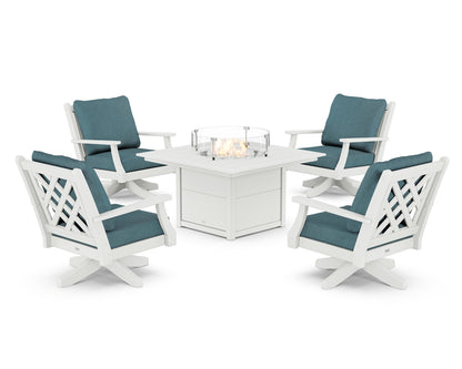 Country Living Wovendale 5-Piece Deep Seating Swivel Conversation Set with Fire Pit Table in White / Ocean Teal