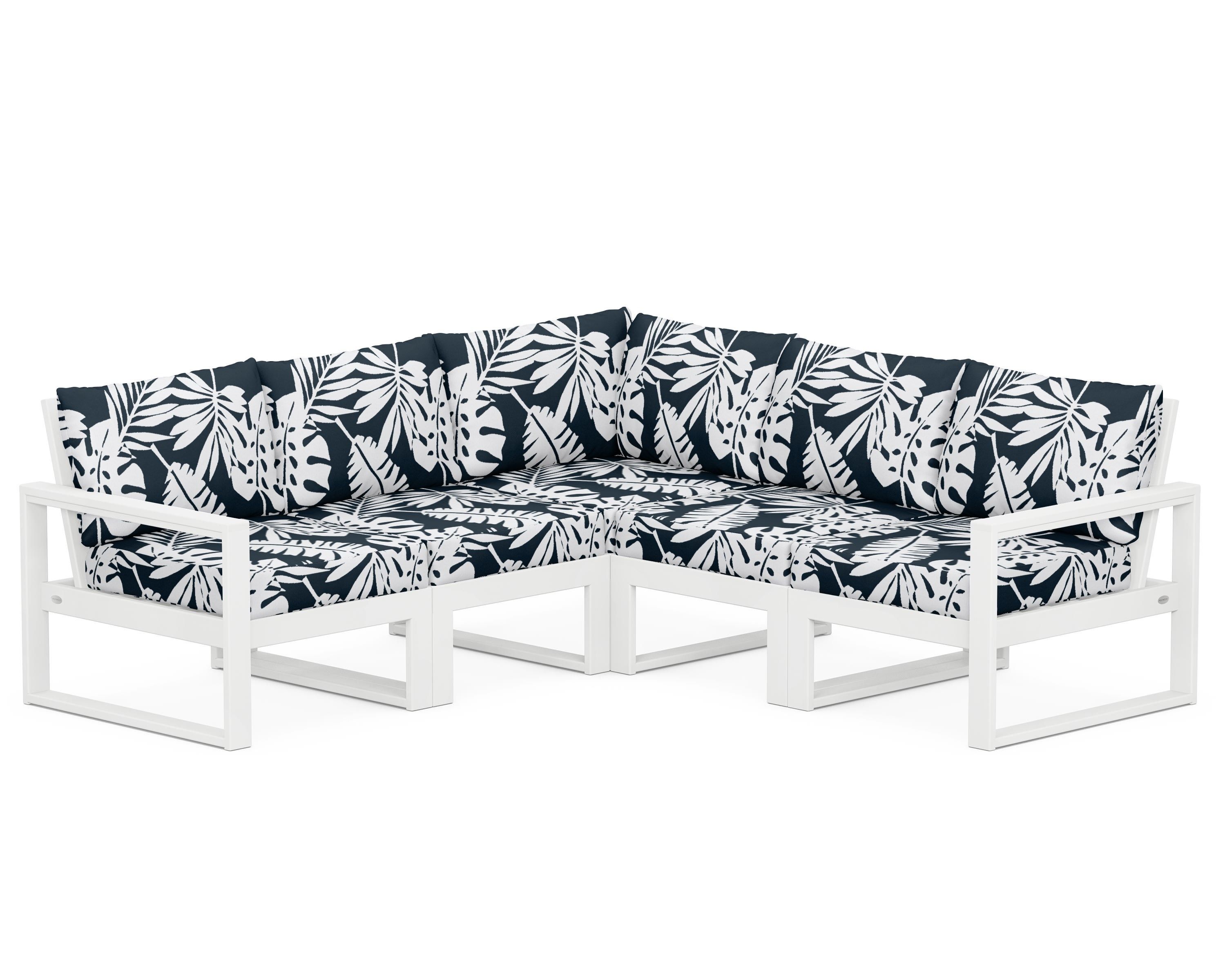 POLYWOOD® EDGE 5-Piece Modular Deep Seating Set in White / Leaf Marine Indigo