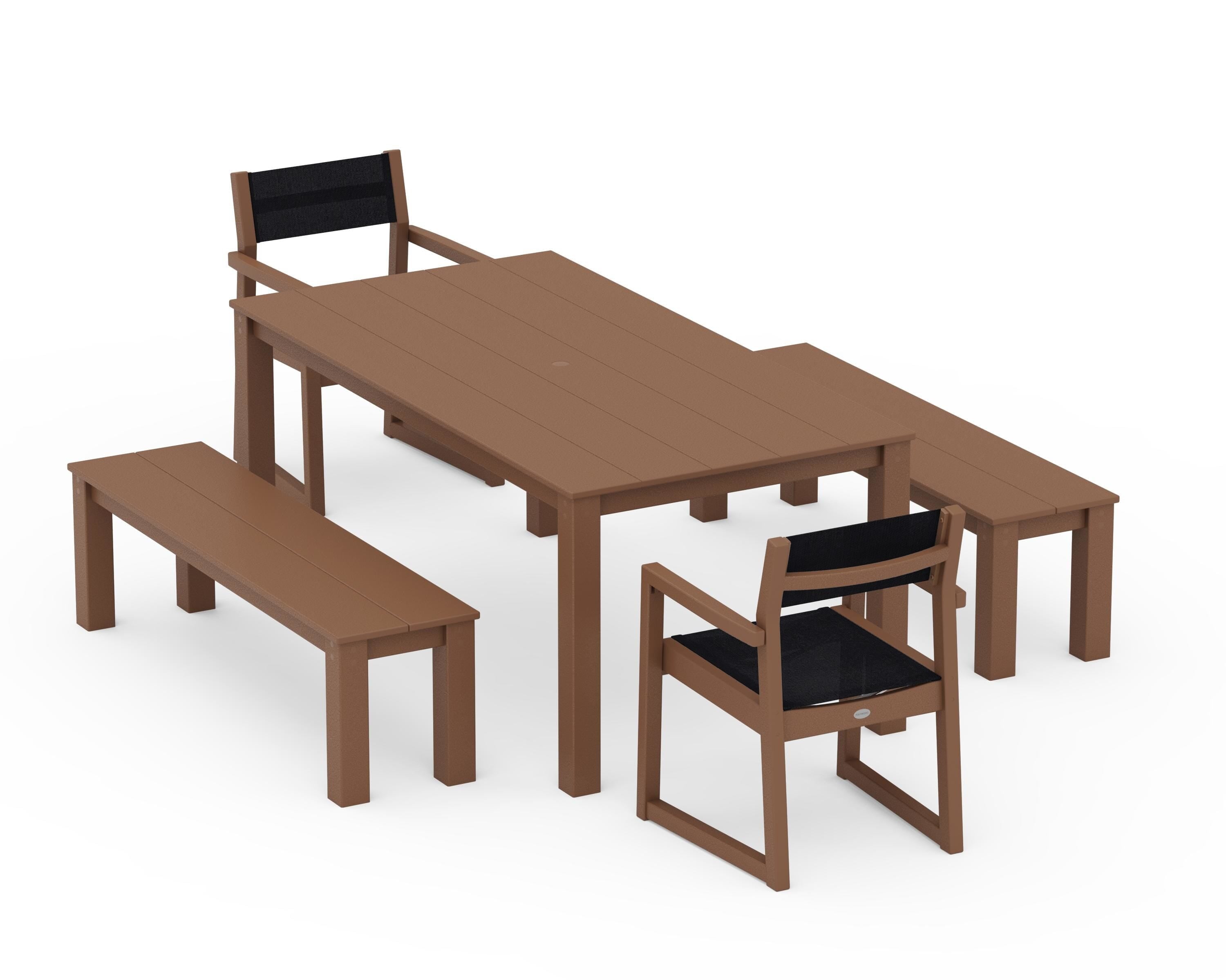 POLYWOOD® EDGE Sling Arm Chair 5-Piece Parsons Dining Set with Benches in Teak / Black Sling