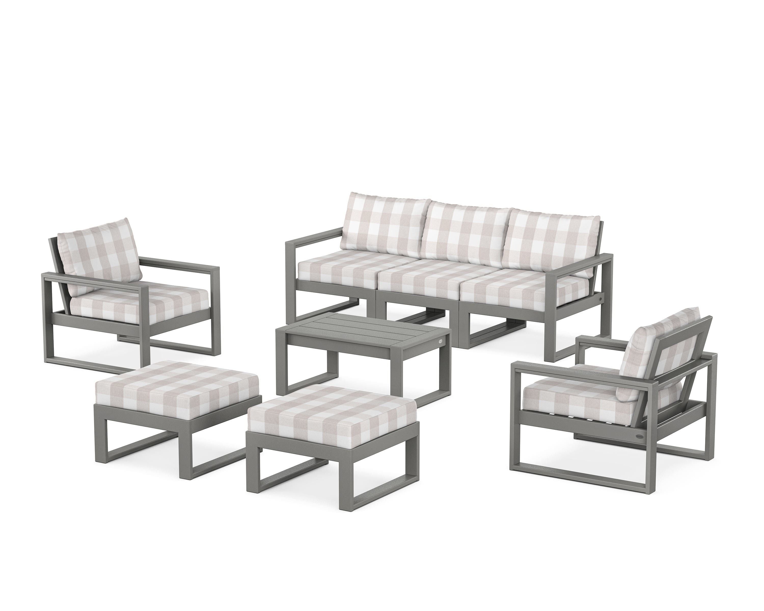 POLYWOOD® EDGE Sectional 8-Piece Lounge Sofa Set in Slate Grey / Buffalo Plaid Dune Burlap