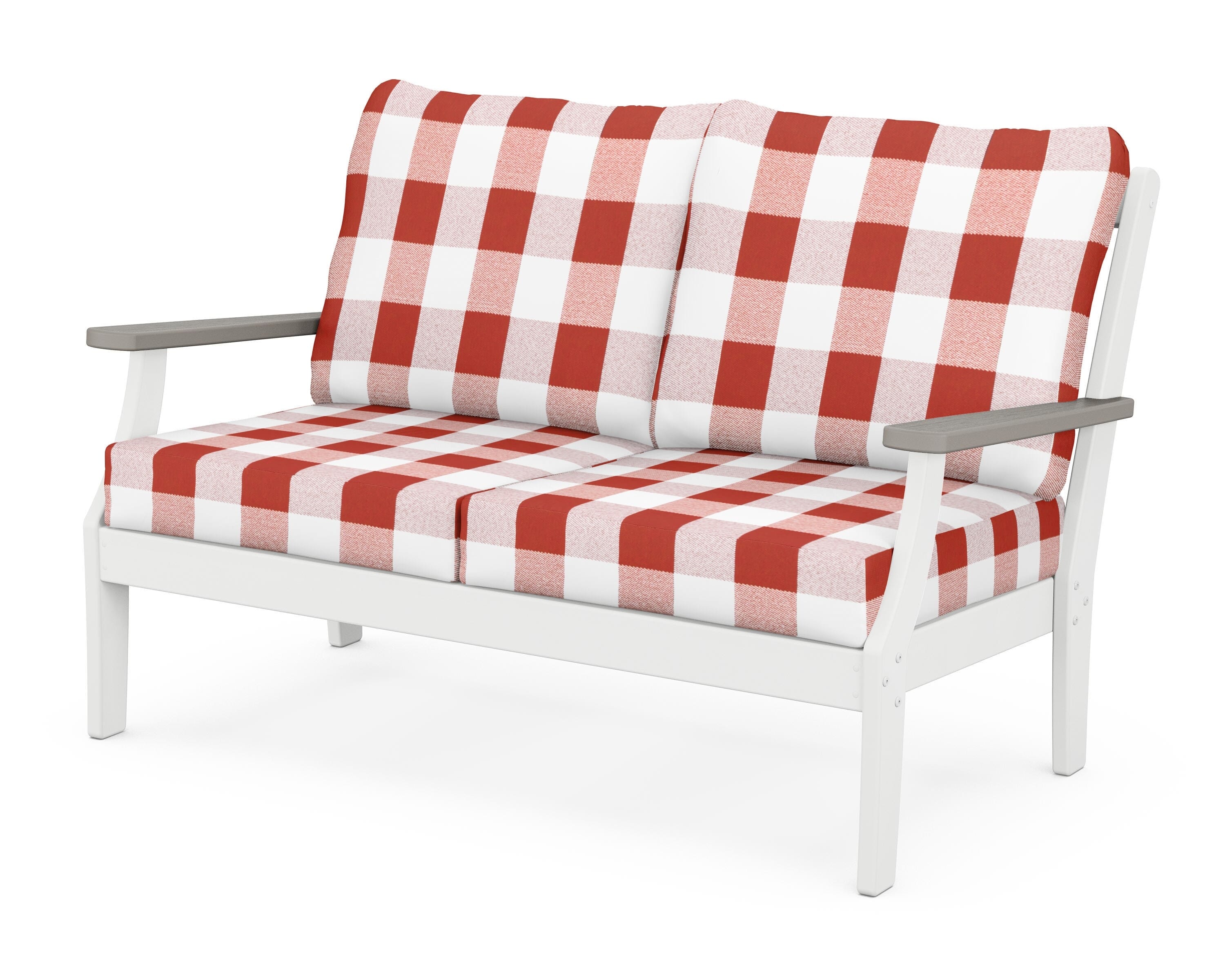 POLYWOOD® Braxton Deep Seating Loveseat in White / Driftwood / Buffalo Plaid Crimson