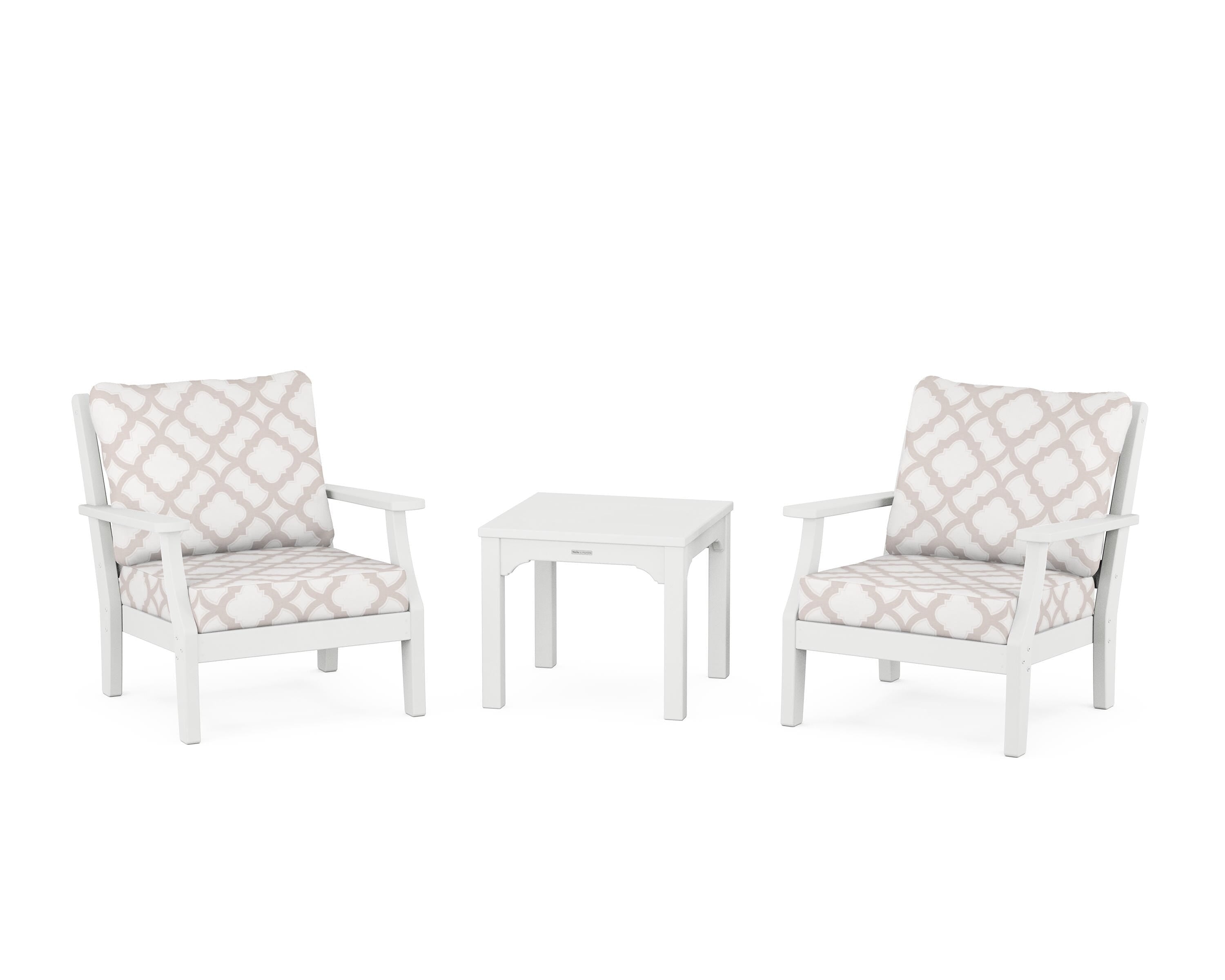 Martha Stewart by POLYWOOD® Chinoiserie 3-Piece Deep Seating Set in White / Trellis Dune Burlap