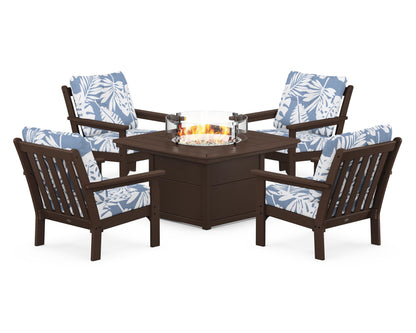 POLYWOOD® Vineyard 5-Piece Conversation Set with Fire Pit Table in Mahogany / Leaf Sky Blue