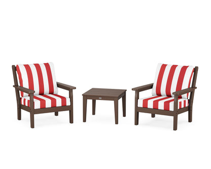 POLYWOOD® Chippendale 3-Piece Deep Seating Set in Mahogany / Cabana Stripe Crimson