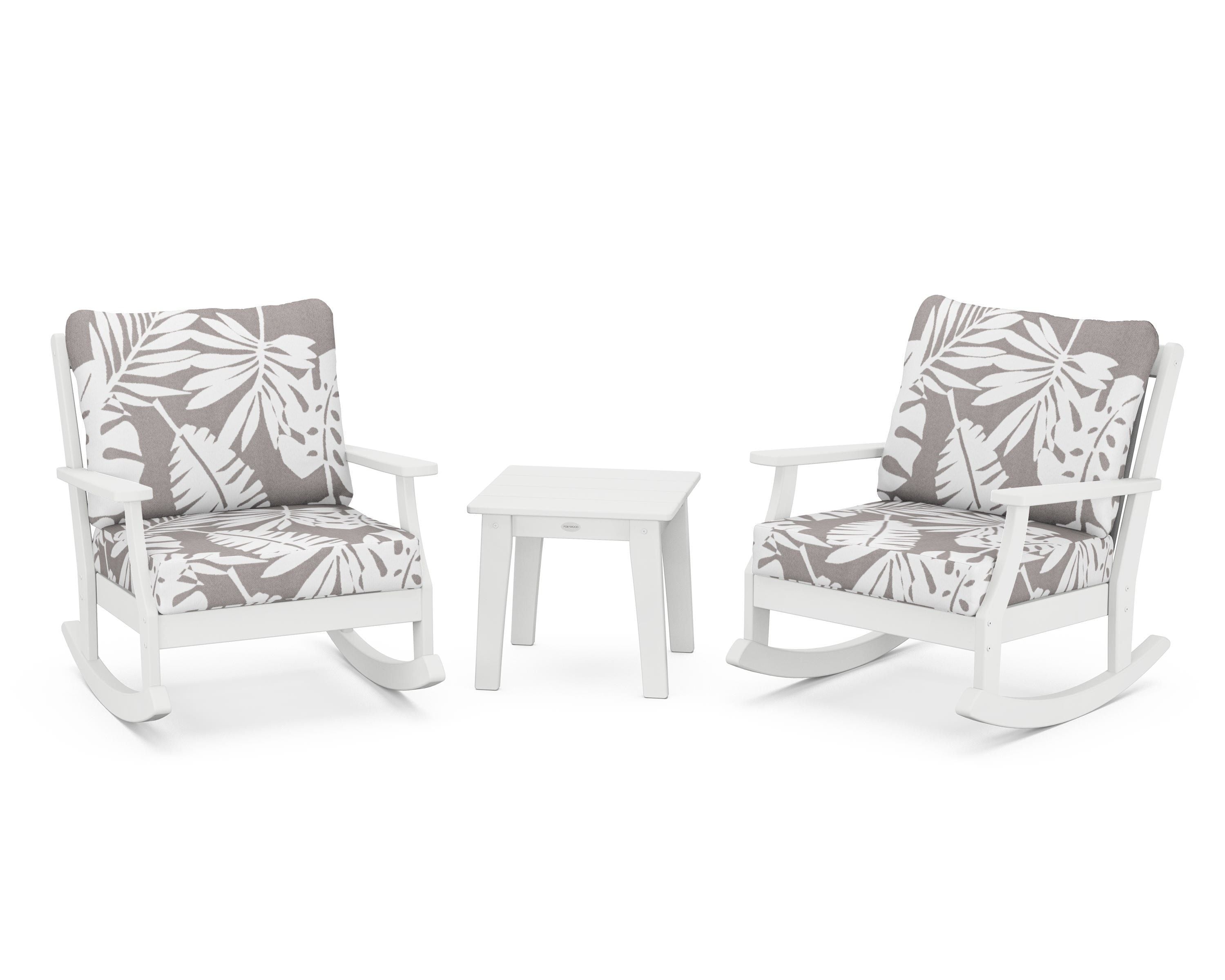 POLYWOOD® Braxton 3-Piece Deep Seating Rocker Set in White / Leaf Grey Mist