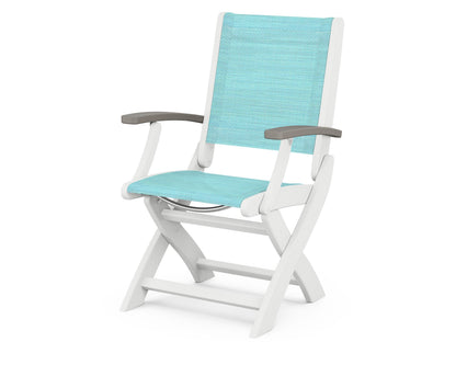 POLYWOOD® Coastal Folding Chair in White / Driftwood / Dupioni Aquamarine Sling