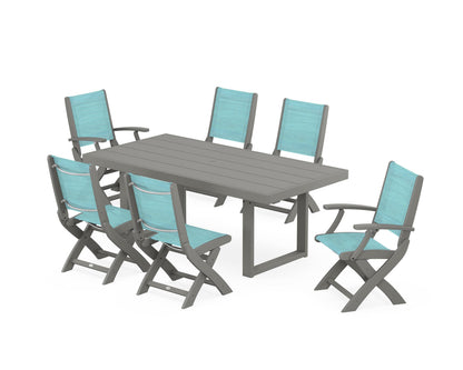 POLYWOOD® Coastal Folding Chair 7-Piece Dining Set with Trestle Legs in Slate Grey / Dupioni Aquamarine Sling