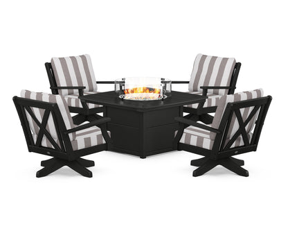 POLYWOOD® Braxton 5-Piece Deep Seating Swivel Conversation Set with Fire Pit Table in Black / Cabana Stripe Grey Mist