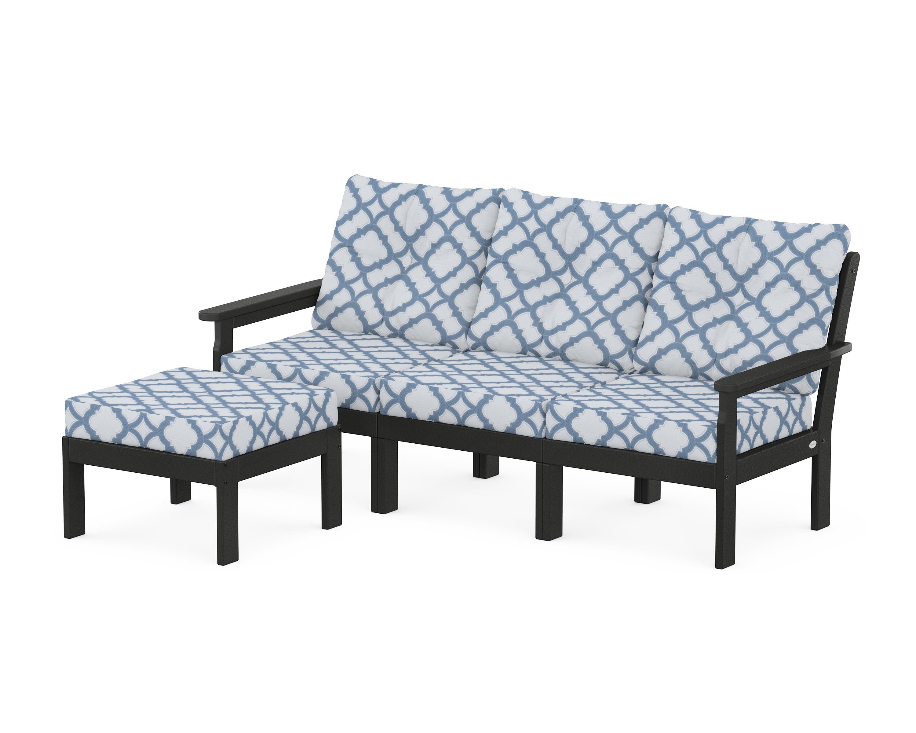 POLYWOOD® Vineyard 4-Piece Sectional with Ottoman in Black / Trellis Sky Blue