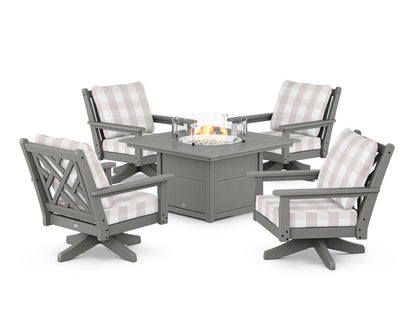 POLYWOOD® Chippendale 5-Piece Deep Seating Swivel Conversation Set with Fire Pit Table in Slate Grey / Buffalo Plaid Dune Burlap