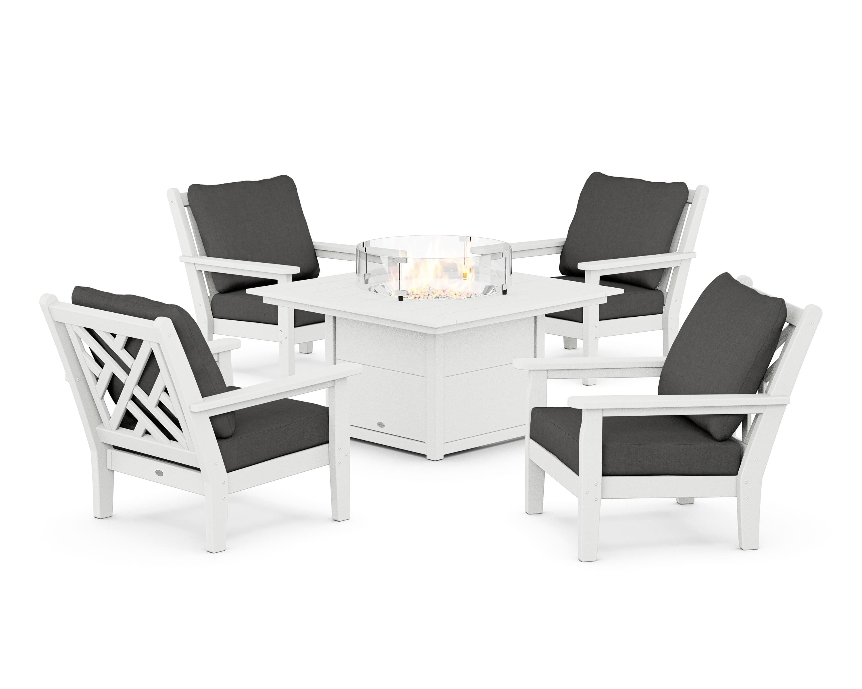POLYWOOD® Chippendale 5-Piece Deep Seating Set with Fire Pit Table in White / Spectrum Carbon
