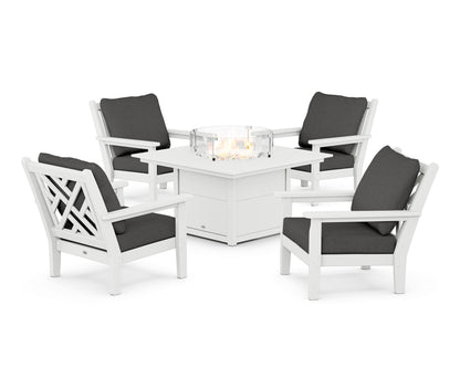 POLYWOOD® Chippendale 5-Piece Deep Seating Set with Fire Pit Table in White / Spectrum Carbon