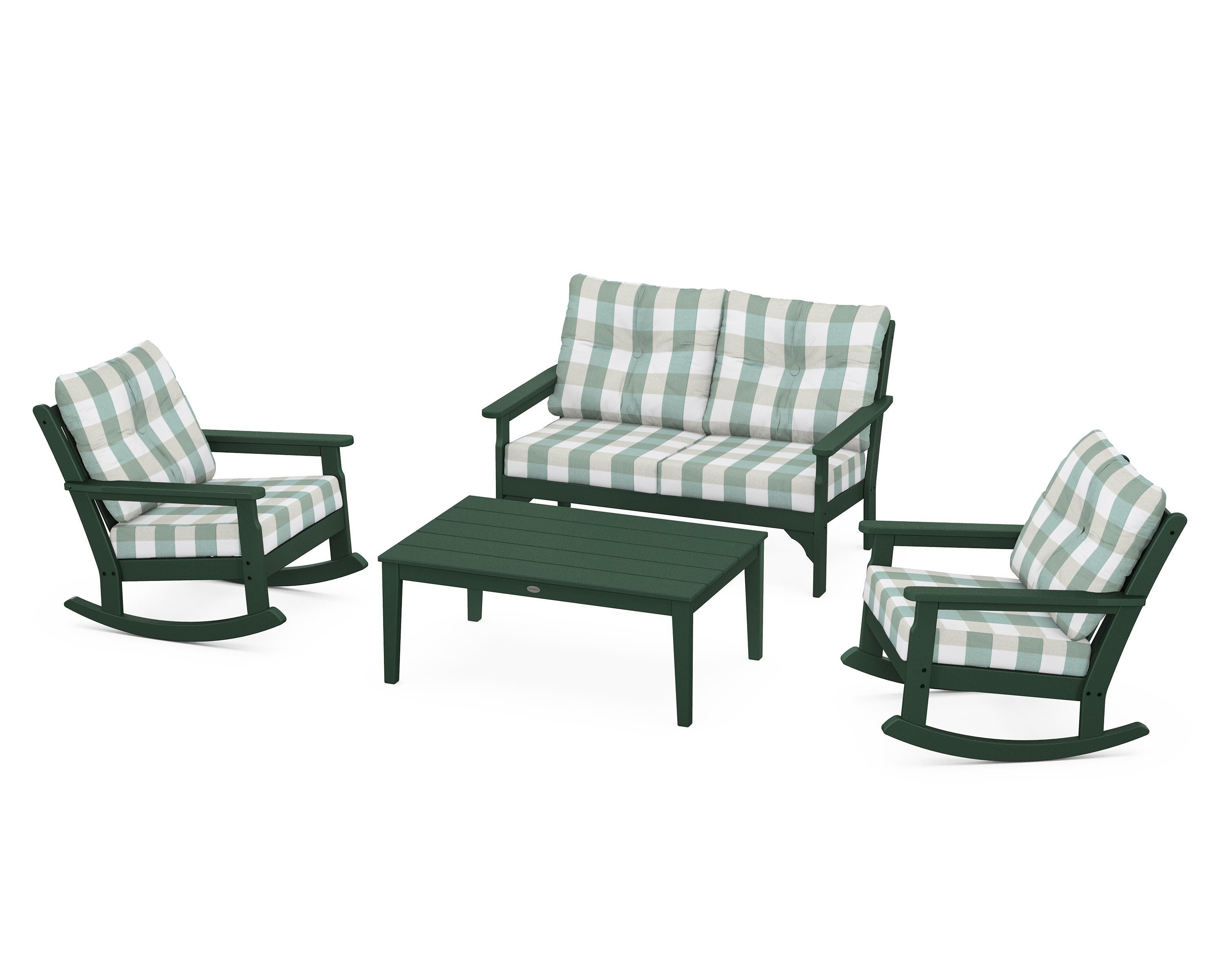 POLYWOOD® Vineyard 4-Piece Deep Seating Rocking Chair Set in Green / Buffalo Plaid Glacier Spa