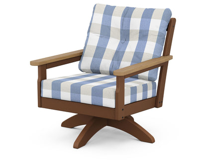 POLYWOOD® Vineyard Deep Seating Swivel Chair in Teak / Natural / Buffalo Plaid Sky Blue