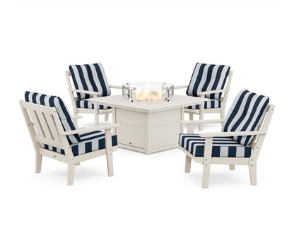 POLYWOOD® Oxford 5-Piece Deep Seating Set with Fire Pit Table in Sand / Cabana Stripe Marine Indigo