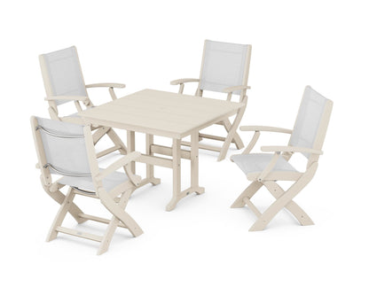 POLYWOOD® Coastal Folding Chair 5-Piece Farmhouse Dining Set in Sand / White Sling