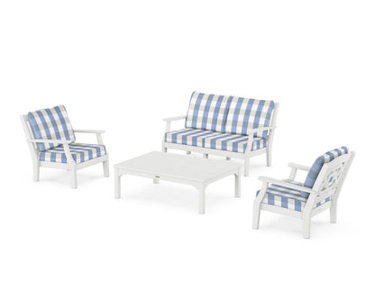 Martha Stewart by POLYWOOD® Chinoiserie 4-Piece Deep Seating Set with Loveseat in White / Buffalo Plaid Sky Blue