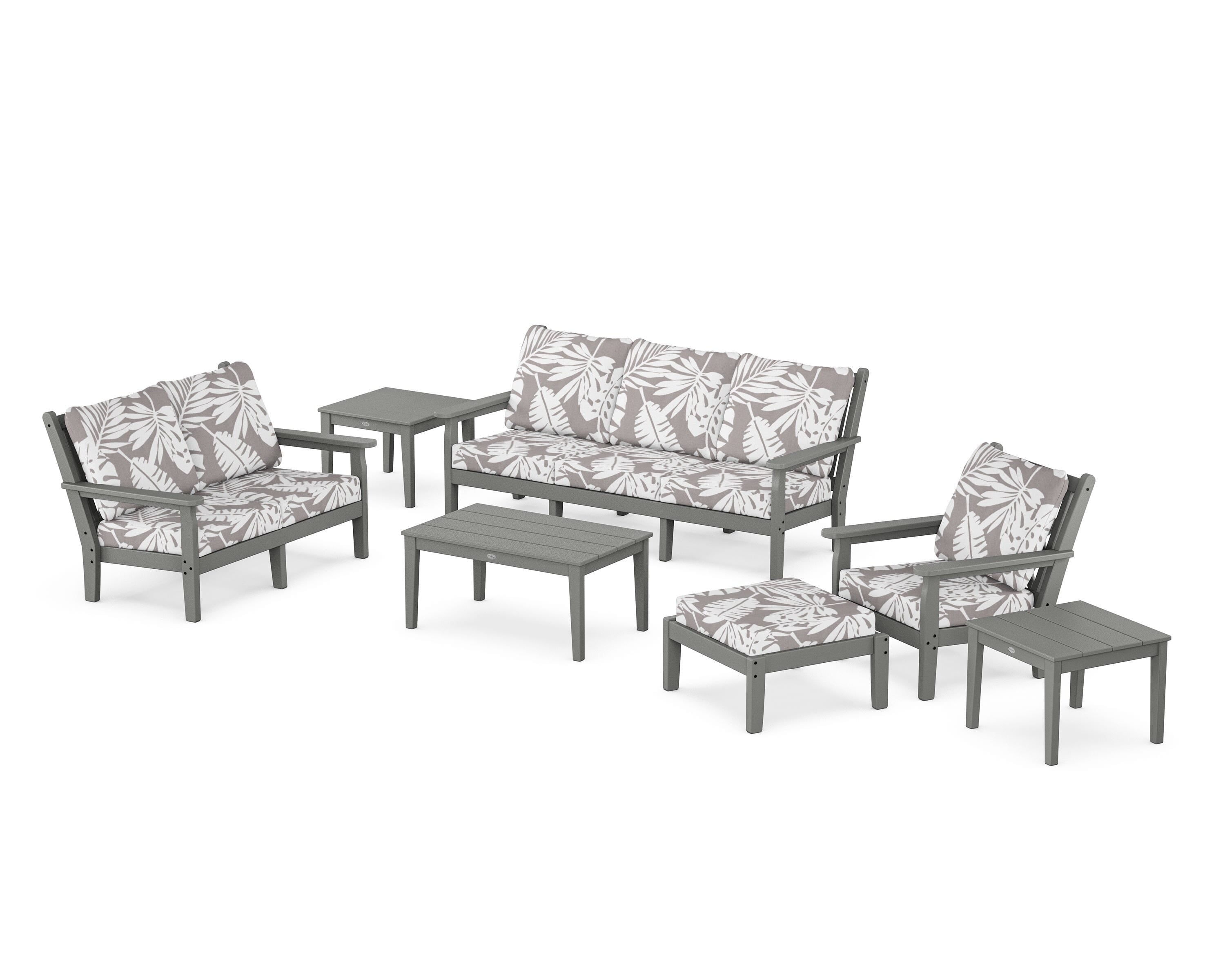 POLYWOOD® Chippendale 7-Piece Deep Seating Set in Slate Grey / Leaf Grey Mist