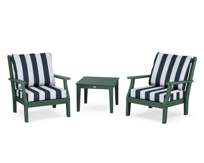 Country Living Wovendale 3-Piece Deep Seating Set in Green / Cabana Stripe Marine Indigo