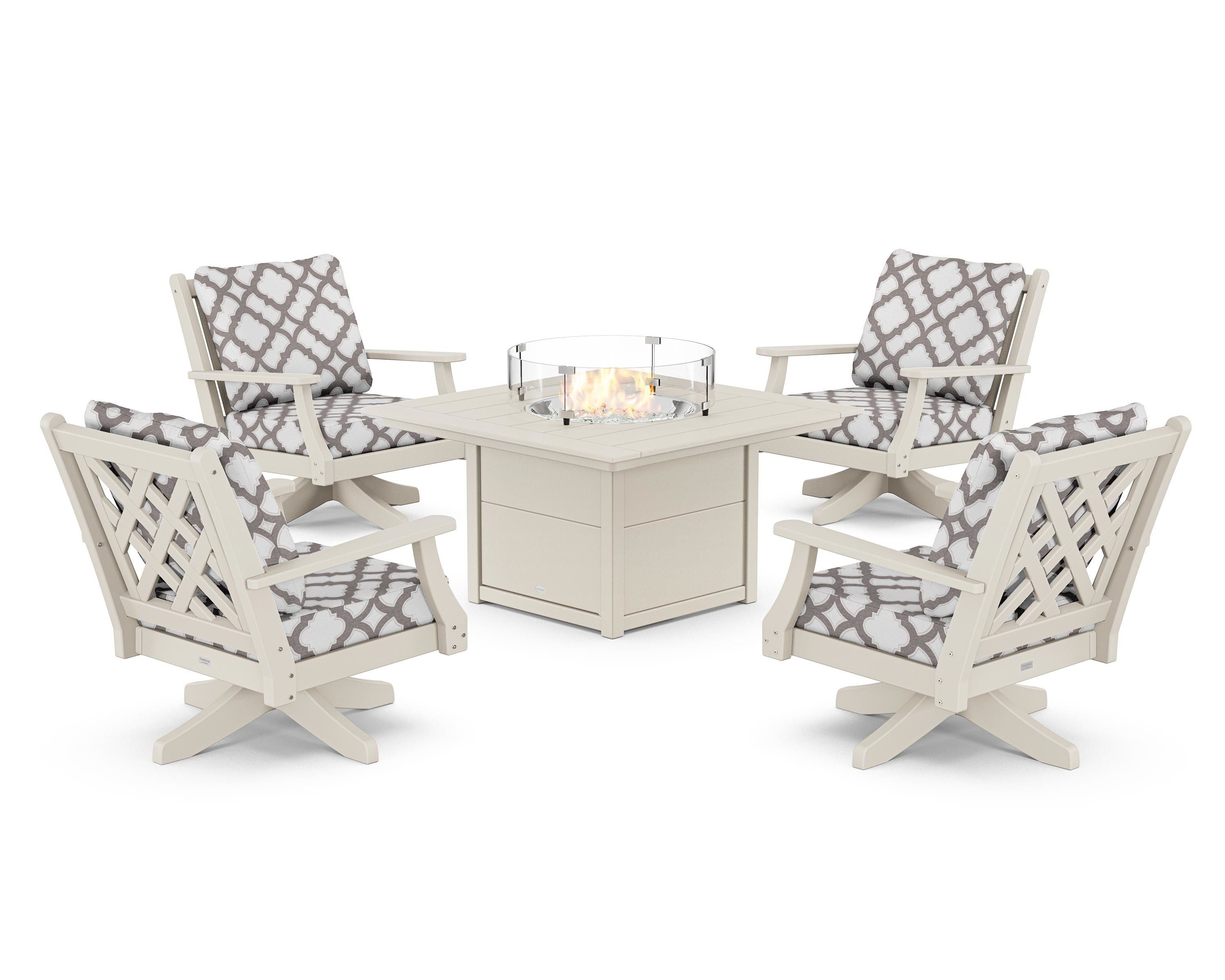 Country Living Wovendale 5-Piece Deep Seating Swivel Conversation Set with Fire Pit Table in Sand / Trellis Grey Mist