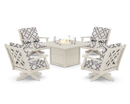 Country Living Wovendale 5-Piece Deep Seating Swivel Conversation Set with Fire Pit Table in Sand / Trellis Grey Mist