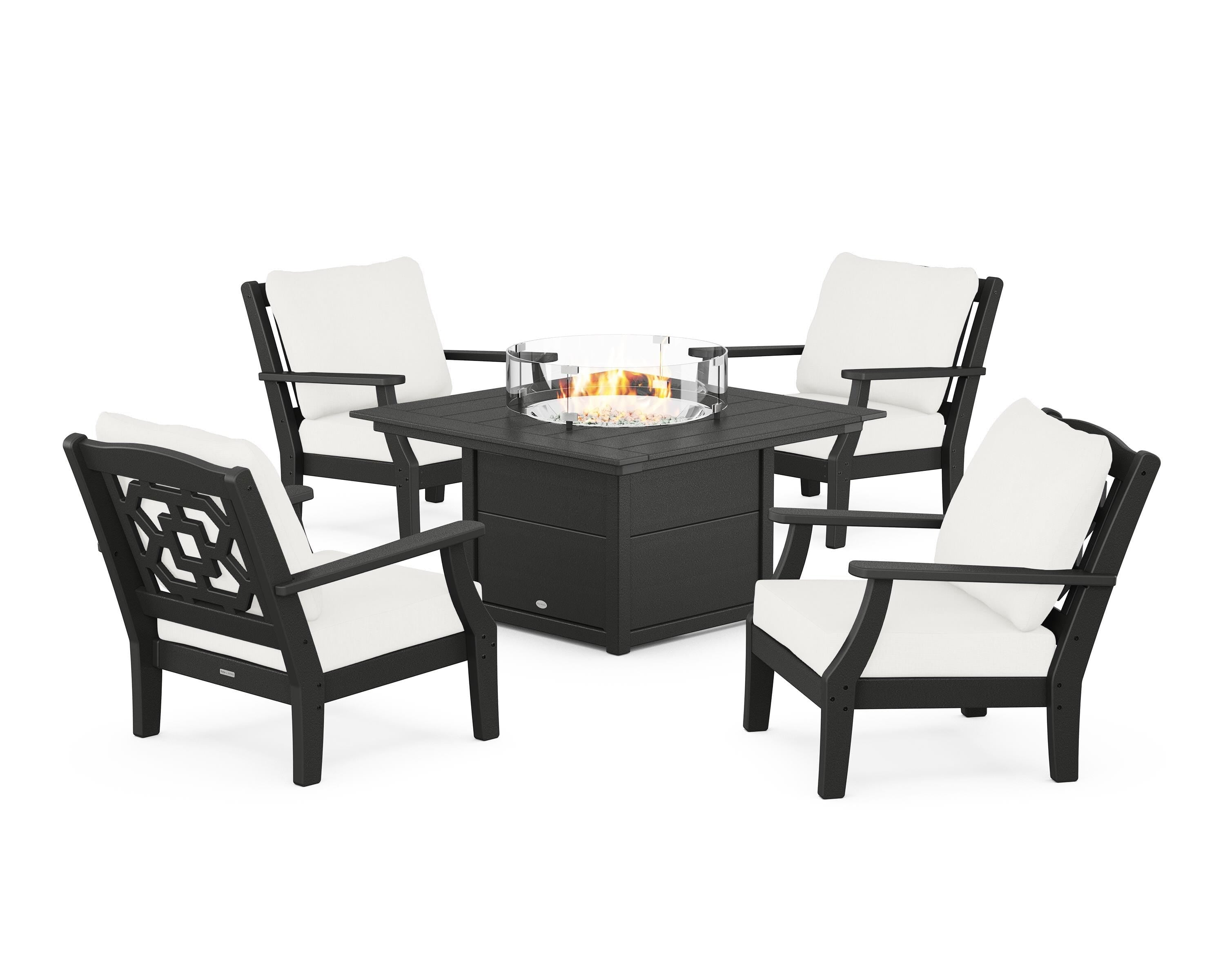 Martha Stewart by POLYWOOD® Chinoiserie 5-Piece Deep Seating Set with Fire Pit Table in Black / Natural Linen