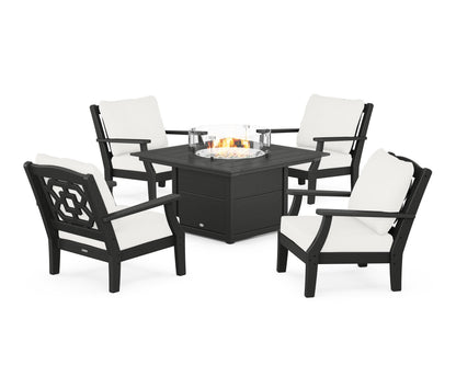 Martha Stewart by POLYWOOD® Chinoiserie 5-Piece Deep Seating Set with Fire Pit Table in Black / Natural Linen