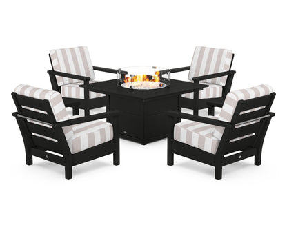 POLYWOOD® Harbour 5-Piece Conversation Set with Fire Pit Table in Black / Cabana Stripe Dune Burlap